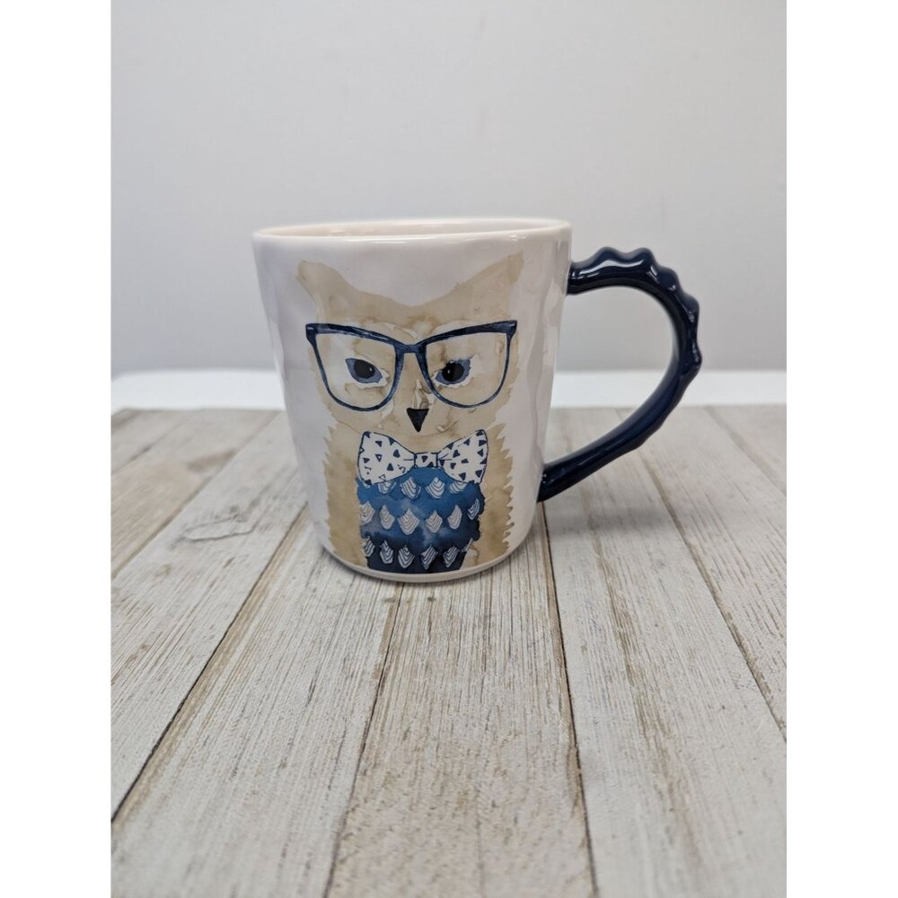 Pier 1 Imports Coffee Mug Ironstone Owl Owling Like a Boss Tea Cup Blue EUC